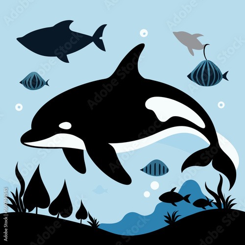 Orca whale and fish in a stylized underwater scene