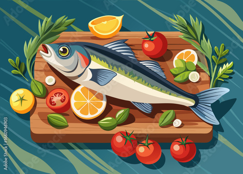Fresh fish and vegetables prepared on a wooden cutting board