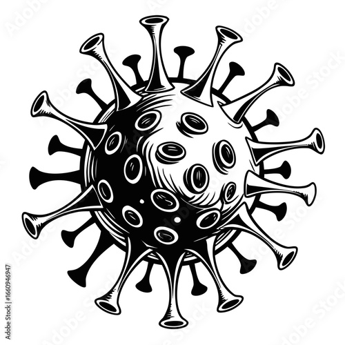 Stylized black and white illustration of a coronavirus particle with spike proteins and surface receptors