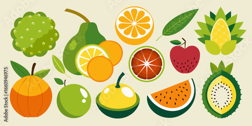 Vibrant assortment of fresh fruits and vegetables in flat design