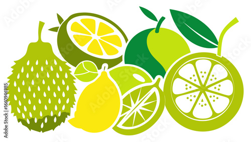 Vibrant assortment of stylized citrus fruits and soursop