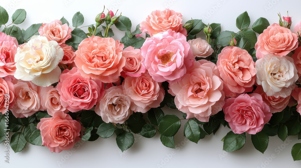 Obraz premium A vibrant bunch of pink roses, their velvety petals adorned with delicate green leaves, captured in the ethereal realm of a transparent PNG image, offering a touch of floral elegance to any 