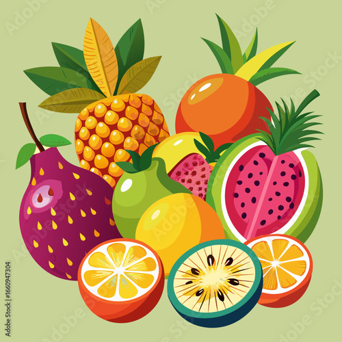 A vibrant assortment of colorful tropical and citrus fruits