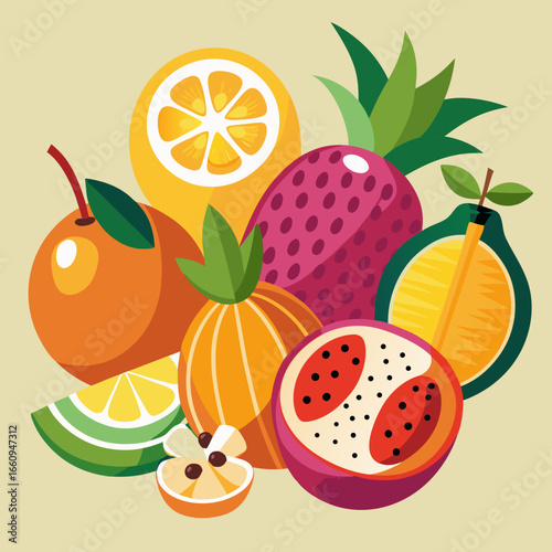 Vibrant assortment of tropical fruits in flat design style