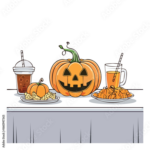A festive Halloween table setting with a carved pumpkin, snacks, and beverages.