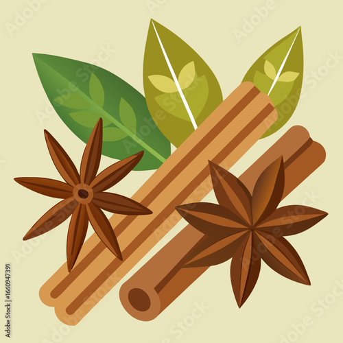 Aromatic spices cinnamon star anise and bay leaves