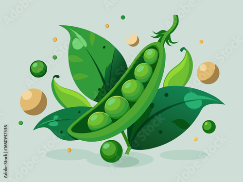 Fresh green peas and leaves floating in a light blue background