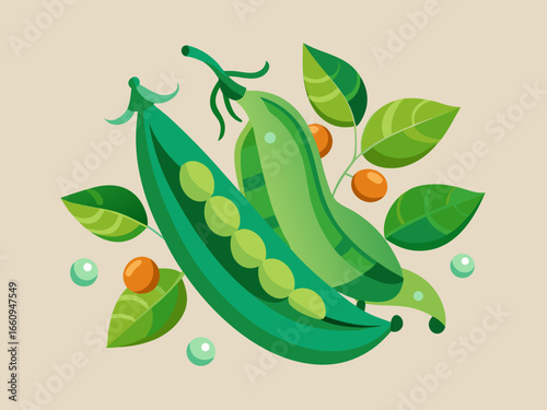 Fresh green peas and leaves illustration