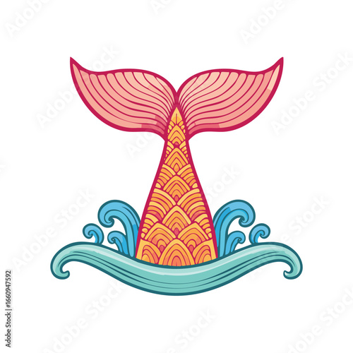 Illustration of a mermaid's tail emerging from the ocean waves, with intricate patterns and vibrant colors.