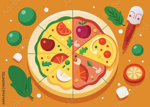 Vibrant flat design pizza with assorted toppings and ingredients
