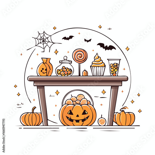 A Halloween-themed illustration featuring a table laden with various candies and pumpkins, creating a festive atmosphere.