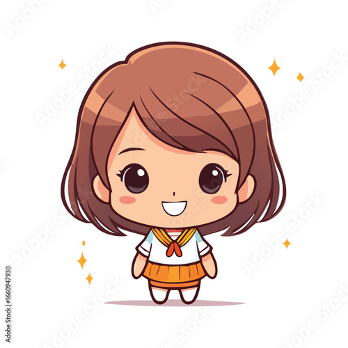 Cute cartoon illustration of a smiling schoolgirl with brown hair and a uniform, surrounded by sparkles.