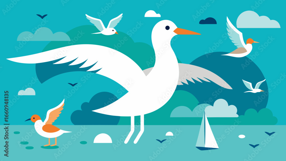 Obraz premium Stylized seagulls and sailboat on a turquoise sea