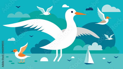 Stylized seagulls and sailboat on a turquoise sea