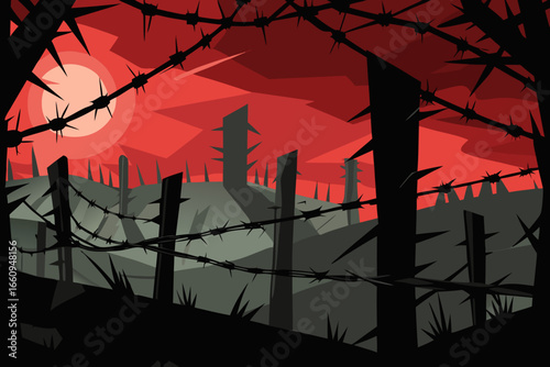Barbed wire landscape under a red sky