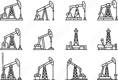 Oil pump jack icons set, petroleum industry line art, black outline energy equipment, drilling rig symbols, fossil fuel extraction design