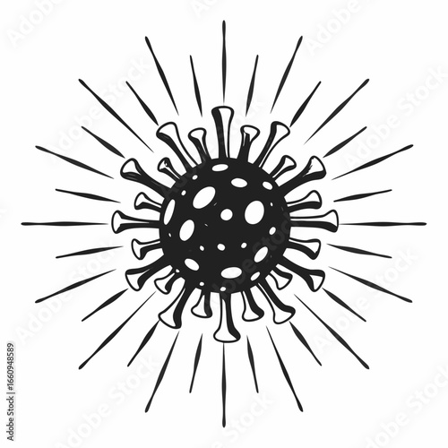 Hand drawn black and white illustration of a coronavirus particle with radiating lines