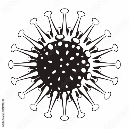 Stylized black and white illustration of a coronavirus particle with spike proteins against a white background