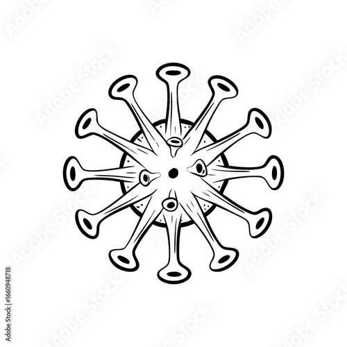 Stylized black and white illustration of a virus or bacterium with spike proteins