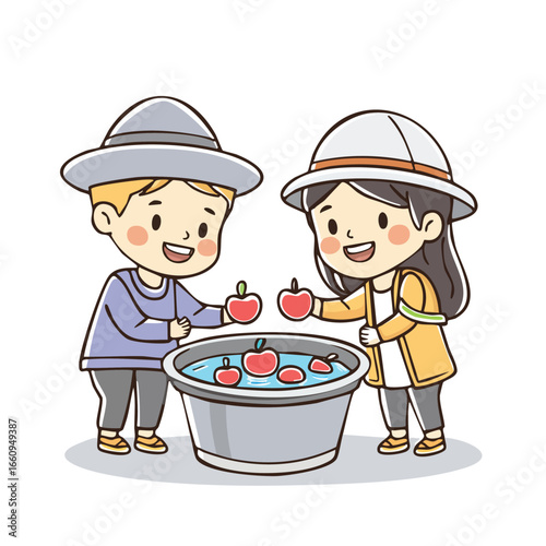 Two smiling children playing the apple bobbing game at a fall festival.