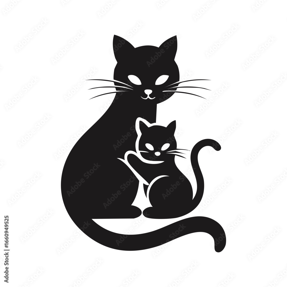 Obraz premium A mother cat silhouette sitting with her two kittens.