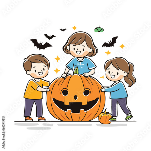 Three children happily gather around a large carved pumpkin, celebrating Halloween with joy.
