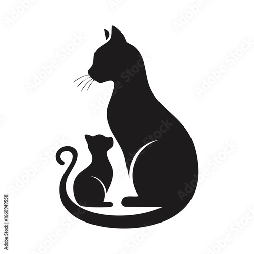 A mother cat silhouette sitting with her single kitten.