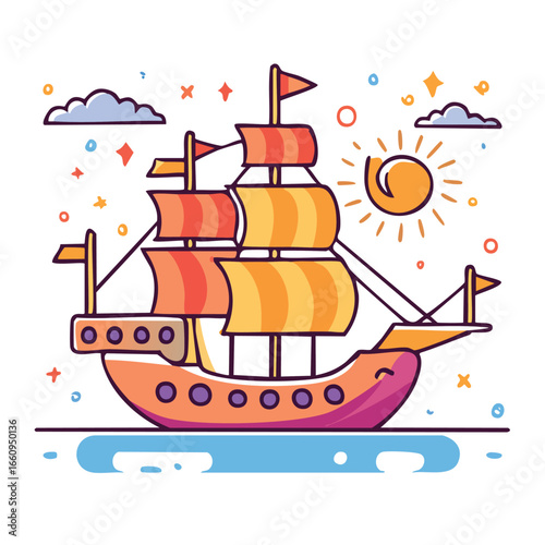 Colorful illustration of a cartoon sailboat with flags, sails, and a bright sun in the sky.