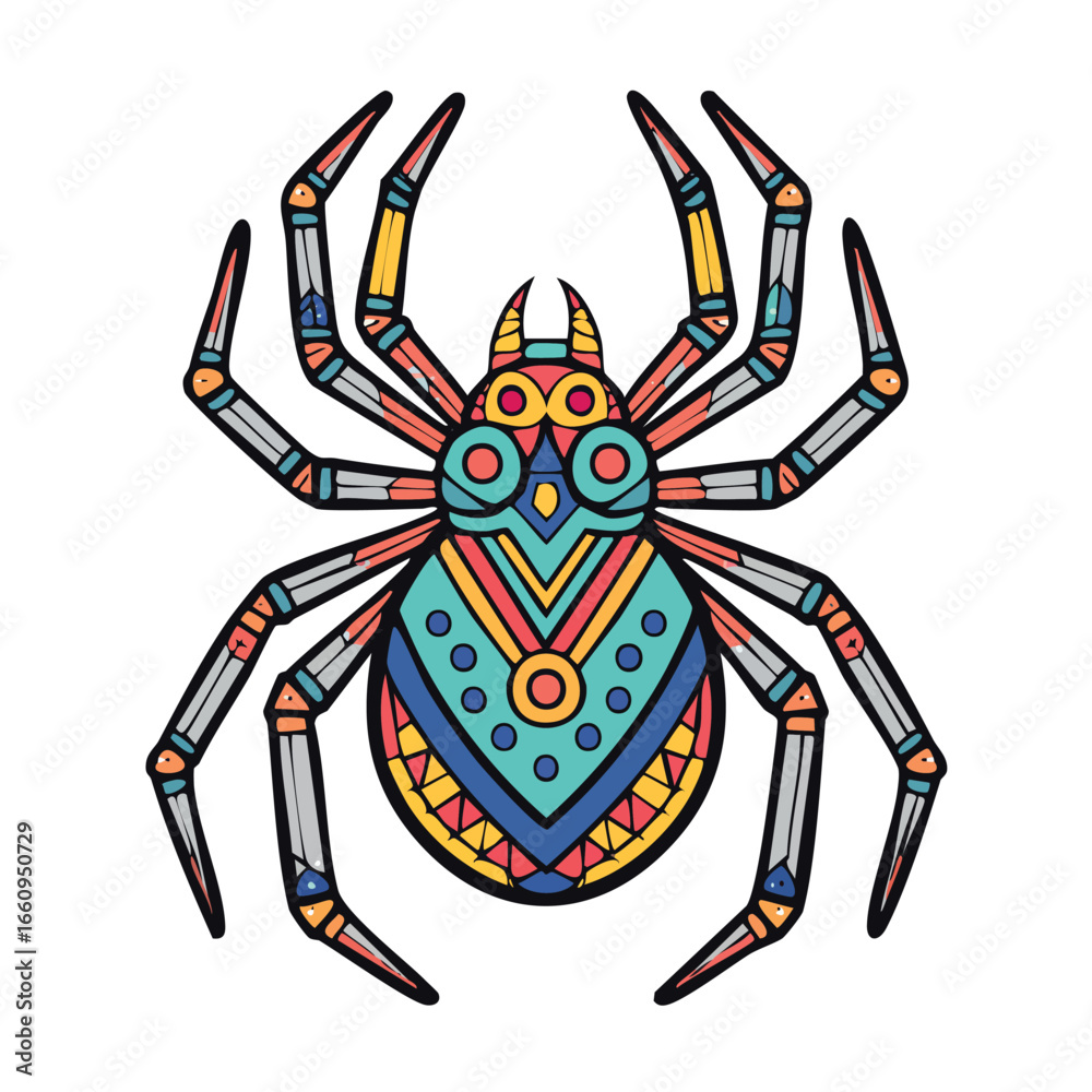 Fototapeta premium Colorful illustration of a stylized spider with intricate patterns and geometric designs.