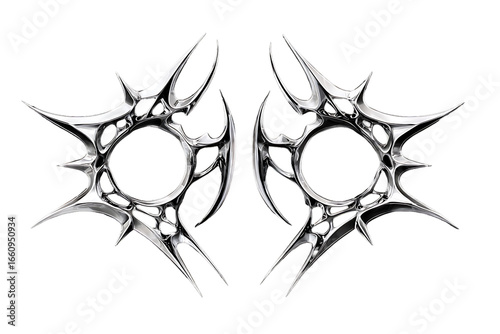 Cyber sigilism melted chrome metal tattoo isolated. Twisted silver tribal elements, Y2K Mercury liquid metal 3D shapes set