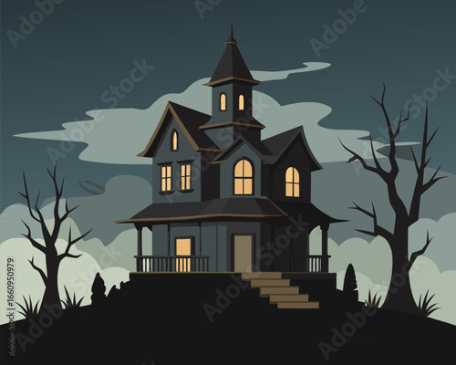 Creepy decaying victorian mansion silhouetted against a dark possibly moonlit sky evoking a gothic atmosphere