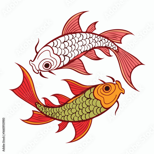 Two koi fish swimming in opposite directions, a traditional Asian design.