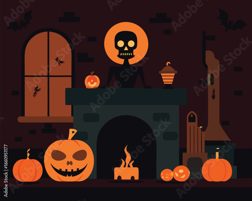 Dimly lit atmospheric halloween scene with spooky room elements and eerie lighting
