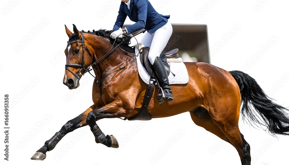 Fototapeta premium Equestrian Elegance: A horse and rider soaring through the air gracefully