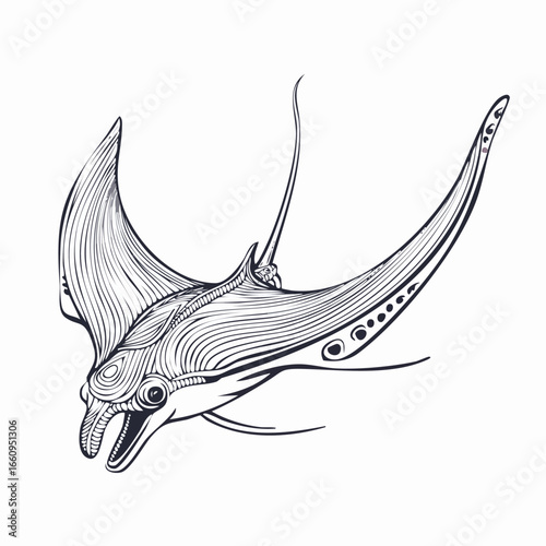 Intricate black and white illustration of a manta ray with detailed line art and patterns.
