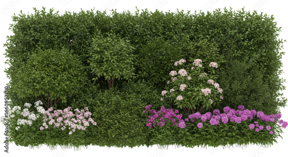 Obraz premium Lush garden landscape featuring vibrant flowers and dense greenery in a serene setting isolated on white background