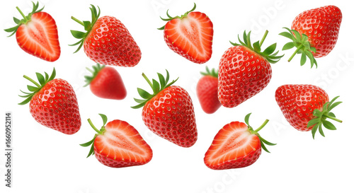 Fresh strawberries scattered attractively with rich details isolated on clean white background