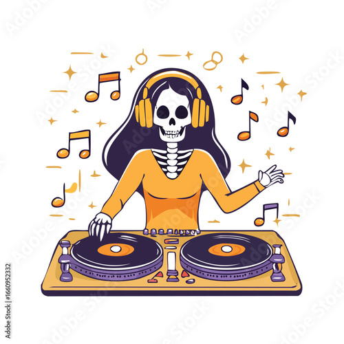 A cartoon illustration of a DJ wearing a witch hat and headphones, mixing music on a turntable.