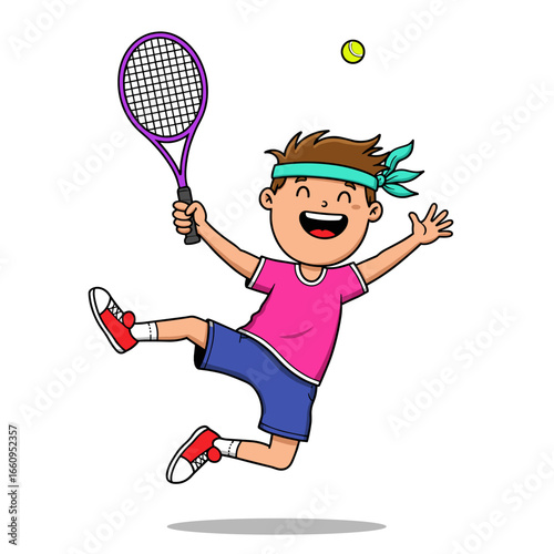 Energetic cartoon kid leaps mid-air with a purple tennis racket, wearing bright sporty clothes and a playful smile.