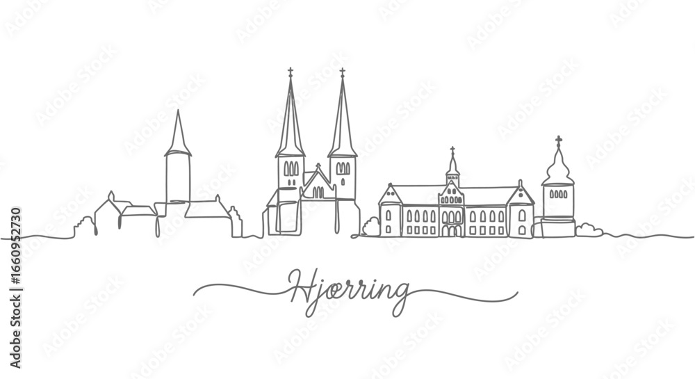 Fototapeta premium Hjorring with Denmark, City Skyline Outline, and White BG.