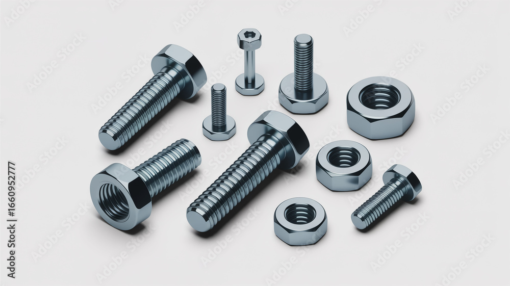 Metal bolts and nuts isolated on white background, showcasing industrial hardware for construction and repair, in a studio setting Metal bolts and nuts isolated on white background, showcasing industrial hardware for construction and repair, in a studio setting