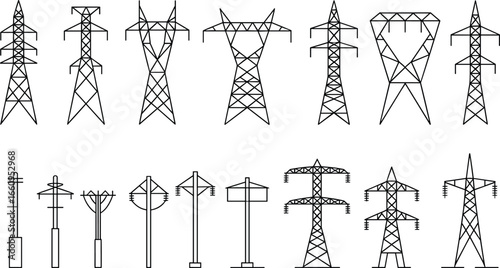 Variety of high voltage electricity pylons and utility poles, transmission tower silhouettes collection, vector energy infrastructure design elements, isolated set