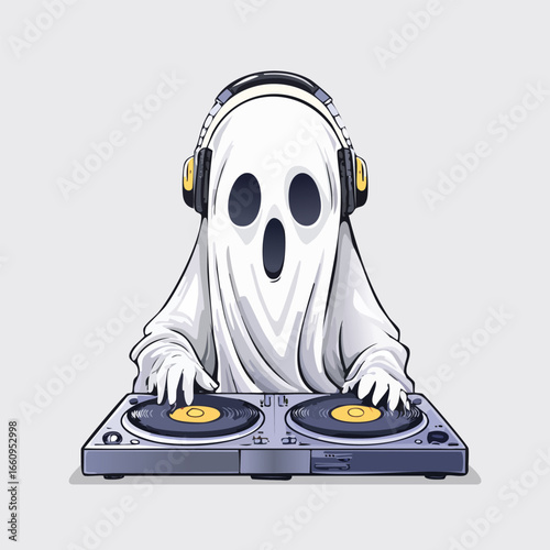 A cartoon illustration of a DJ wearing a witch hat and headphones, mixing music on a turntable.