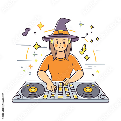 A cartoon illustration of a DJ wearing a witch hat and headphones, mixing music on a turntable.