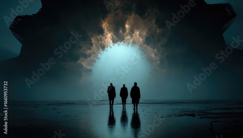 Silhouettes of three figures on a beach, facing a glowing sky