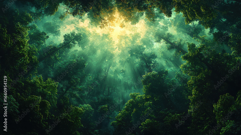 Fototapeta premium A vibrant digital painting background, a captivating realm of towering trees, their branches reaching for a sky painted in ethereal hues, adorned with a tapestry of lush vegetation, a testament 