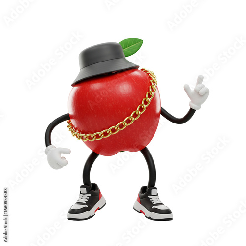 A cartoon apple character with a hat, gold chain, and sneakers, gesturing upwards.