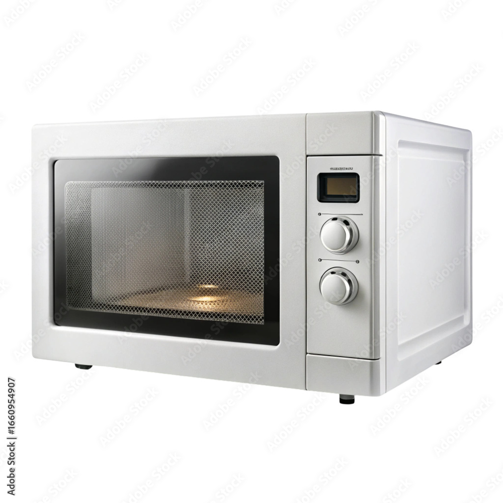 Fototapeta premium White Microwave Oven Appliance Isolated on Transparent Background with Two Knobs and a Display