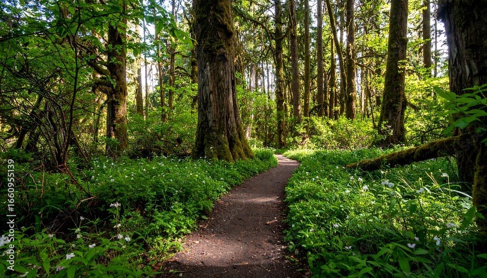 Naklejka premium Forest Trail, Sunlight, Spring Flowers, Pacific Northwest