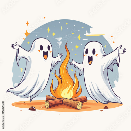Two adorable cartoon ghosts happily gather around a warm campfire under a starry night sky.